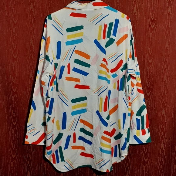 DENIM LOVE BLOUSE WOMEN'S SIZE S GEOMETRIC PRINT MULTICOLORED LONG SLEEVE BUTTON - Picture 3 of 10